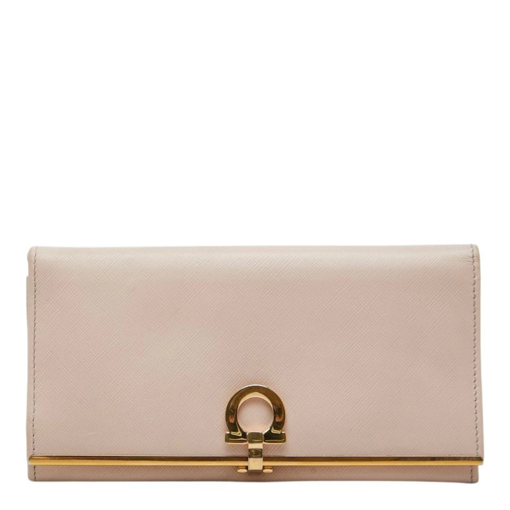 Salvatore Ferragamo Gancini Long Wallet Pink Gold Leather